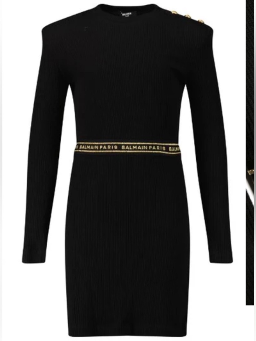 Balmain Black Long Sleeve Ribbed Knit Dress with Gold Logo Waistband